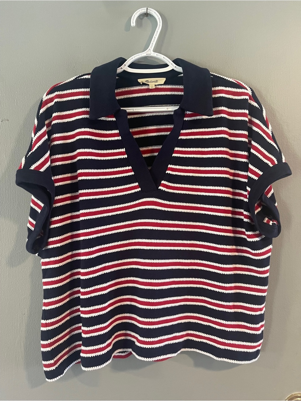Madewell Relaxed V-Neck Polo Shirt in Stripe Size M - Picture 6 of 12